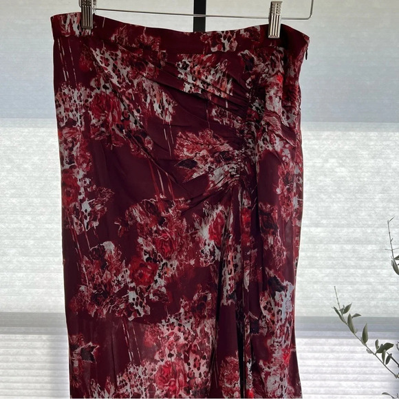 IRO Alise Abstract Floral Print Ruched Midi Skirt Burgundy 10 Artsy French NWT - Picture 2 of 7